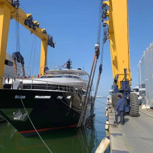 Luxury yacht undergoing maintenance and refit in the Mediterranean
